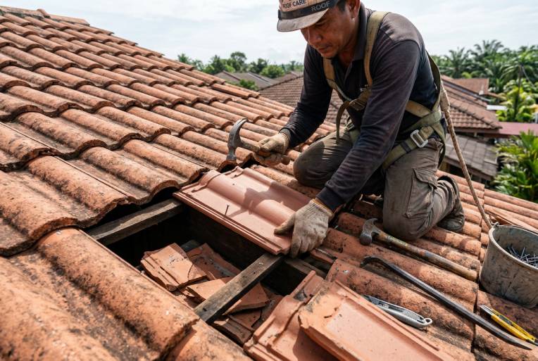 Professional contractor repairing damaged roof tiles causing a roof leak