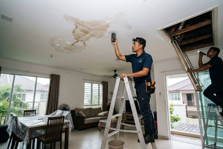 Roof Repair KL inspection for a hidden ceiling leak in a Malaysian home