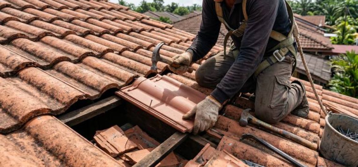 Professional contractor repairing damaged roof tiles causing a roof leak